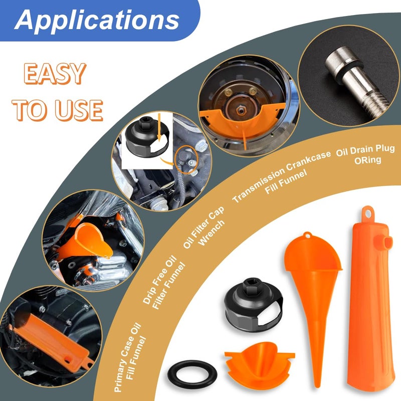 Shonee Oil Change Tool Kit for Harley Davidson Accessories,Oil Filter Wrench,Crankcase Fill Tool,Primary Case Funnel,Drip-Free Oil Filter Funnel,30PCS O-Rings - Image 4